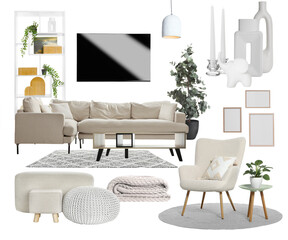Different furniture and decorative elements on white background, collage. Living room interior with...