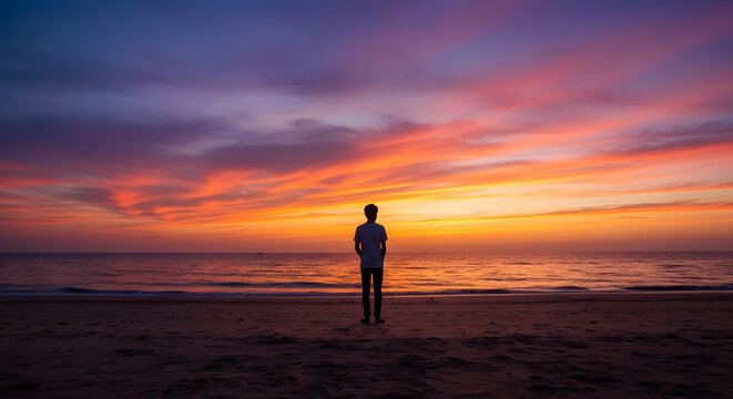 Man standing on the beach watching a beautiful sunset. - Powered by Adobe