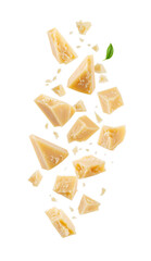 Parmesan cheese pieces falling with basil leaf on transparent background