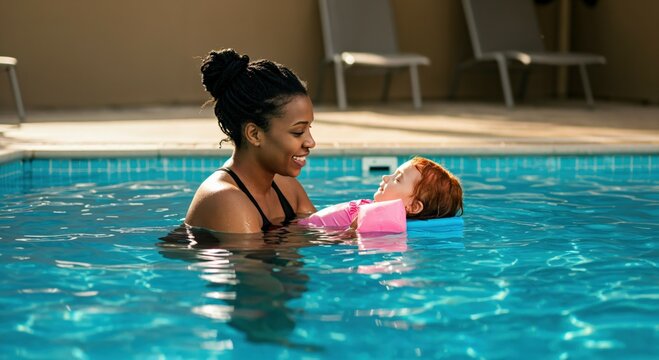 Mother and Toddler Swim Together in Pool for Fun and Bonding Time