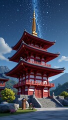Three Story Red Wooden Pagoda at Night Under Starlit Sky