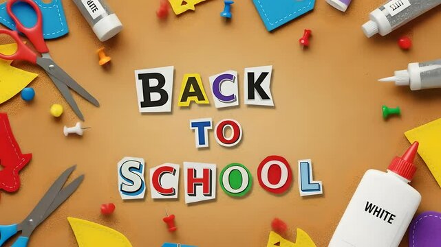 Back to School concept: glitter glue sprinkles, animated header with school supplies. Craft, education, teaching, classroom, teacher resources, arts, learning projects.