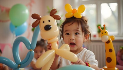 Young Girl with Balloon Animal Toy Surrounded by Colorful Decorations at Birthday Party