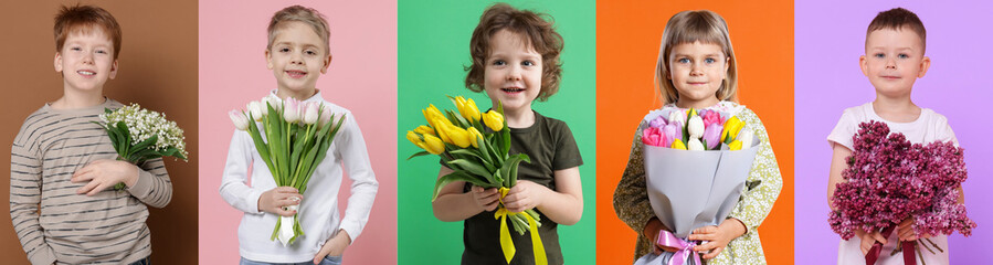 Cute children with bouquets of flowers on different color backgrounds. Collage of photos