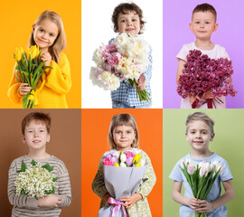 Cute children with bouquets of flowers on different color backgrounds. Collage of photos