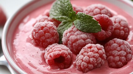 Close-up of frozen raspberries on a creamy raspberry dessert.