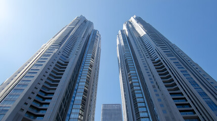 Obraz premium Illustration of a tall building with gray walls and white windows in the central area of ​​Shinjuku. Illustration of popular places in the world.