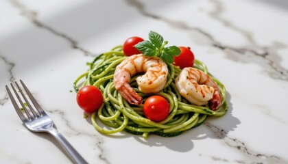 Fresh shrimp and cherry tomato pasta dish with parsley on a white marble surface showcasing a gourmet seafood meal
