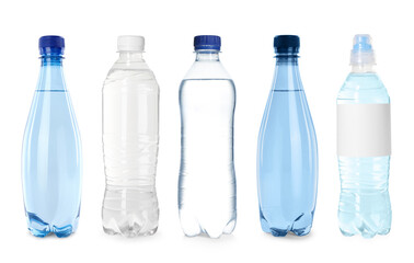 Naklejka premium Plastic bottles with water on white background, set