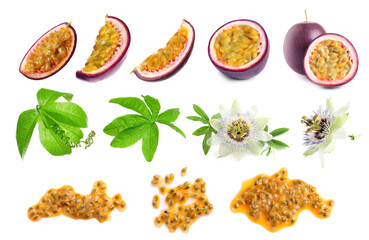 Passion fruits, flowers and green leaves isolated on white, set