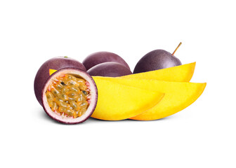 Juicy mango slices and passion fruits isolated on white