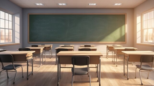 Neatly Arranged School Desks Facing Chalkboard in Morning Light