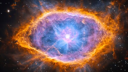 Vibrant planetary nebula with bright central star and fiery orange and purple hues.