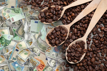 Rising coffee price. Roasted beans and money, double exposure