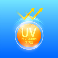 UV protection SPF 50 PA in transparent hexagonal dome with arrow reflects light UVA UVB. Protects against sunlight ultraviolet attacks. For design cosmetic products ads. Vector.