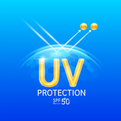 UV protection SPF 50 PA in transparent hexagonal dome with arrow reflects light UVA UVB. Protects against sunlight ultraviolet attacks. For design cosmetic products ads. Vector.