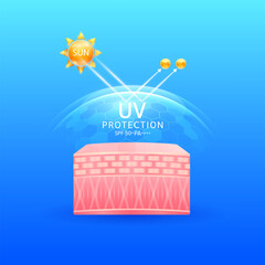 Skin cell layer in transparent hexagonal dome UV protection SPF 50 PA with arrow reflects light UVA UVB. Protects against sunlight ultraviolet attacks. For design cosmetic products ads. Vector.
