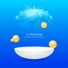 UV protection SPF 50. Cosmetic podium display empty in transparent hexagonal dome with arrow reflects light UVA UVB. Protects against sunlight ultraviolet attacks. For cosmetic products ads. Vector.