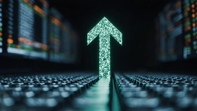 Glowing arrows pointing upward over digital binary code and data streams, symbolizing growth and progress in technology, finance, and dynamic digital innovation