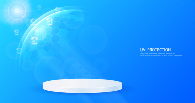UV protection SPF 50. Cosmetic podium display empty in transparent hexagonal dome with light UVA UVB. Protects against sunlight ultraviolet attacks. For cosmetic products ads. Vector.