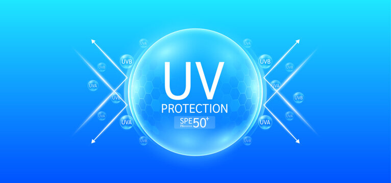 UV protection SPF 50 PA in transparent hexagonal dome with arrow reflects light and surrounding UVA UVB bubbles. Protects against sunlight ultraviolet attacks. For design cosmetic products ads. Vector
