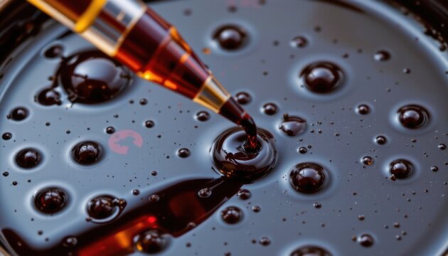 Close-up of a sye with needle drawing dark liquid from a glossy, bubbling surface highlighting medical, chemical, or laboratory substance details in high detail