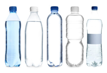 Plastic bottles with water on white background, set
