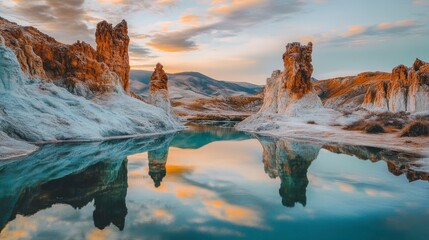 Calm turquoise lake reflecting sunset sky and unique rock formations.