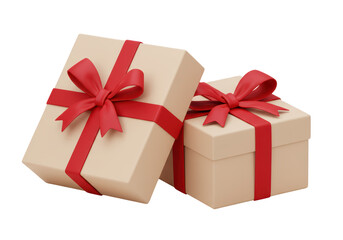 Isolated Two Beige Gift Boxes with Red Ribbons and Bows