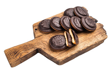 Jaffa Cookies covered with chocolate and filled with jam isolated on white background