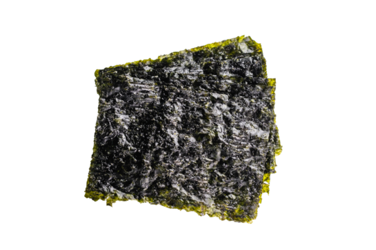 Dried nori seaweed sheets isolated on white background. top view