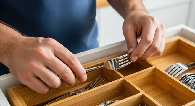 Organizing Silverware Drawer with Forks and Spoons for Kitchen Efficiency