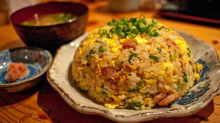 黄金色の卵炒飯と具沢山の味噌汁の食事風景  
