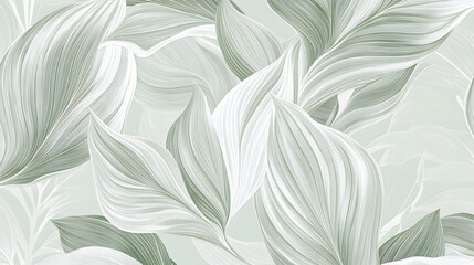 A seamless pattern of large leaves in light green and grey with a subtle texture for an elegant background.