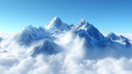 Snow-capped mountain peaks rise above a sea of clouds under a vibrant blue sky.