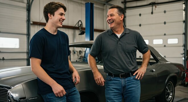 Father and Son Sharing a Moment in a Car Garage with Classic Muscle Car