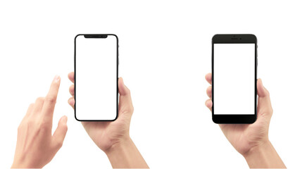 A hand interacts with one smartphone, while another is held, both with blank screens, isolated for versatile use.

