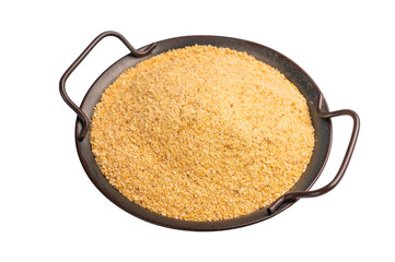 Bread Crumbs or Crushed Rusk Crumbs in a plate isolated on white background. top view