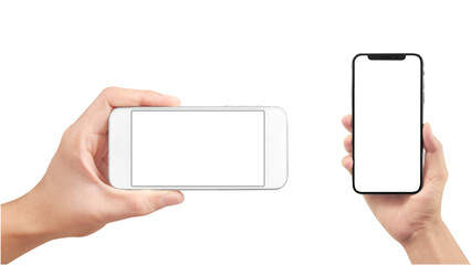Horizontal and Vertical Phones with Blank Screens, Displaying Versatile Content Mockups, Isolated on Transparent.

