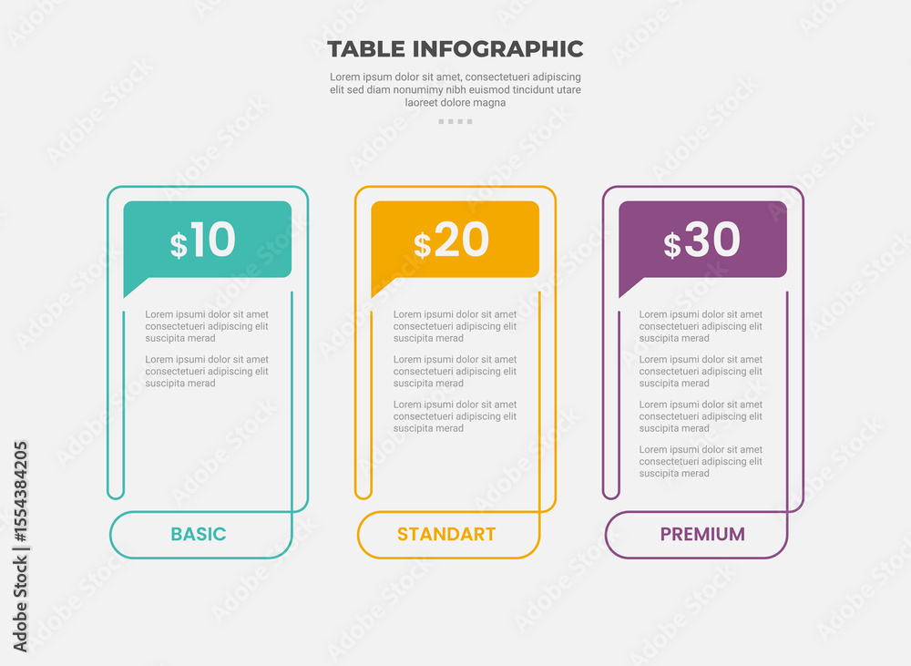 Aufkleber pricing table box infographic outline style with 3 point template with callout bubble header badge f