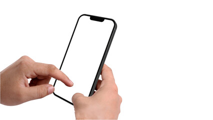 Hands Interacting with Vertical Smartphone, Blank Screen for Content, Isolated on Transparent Background

