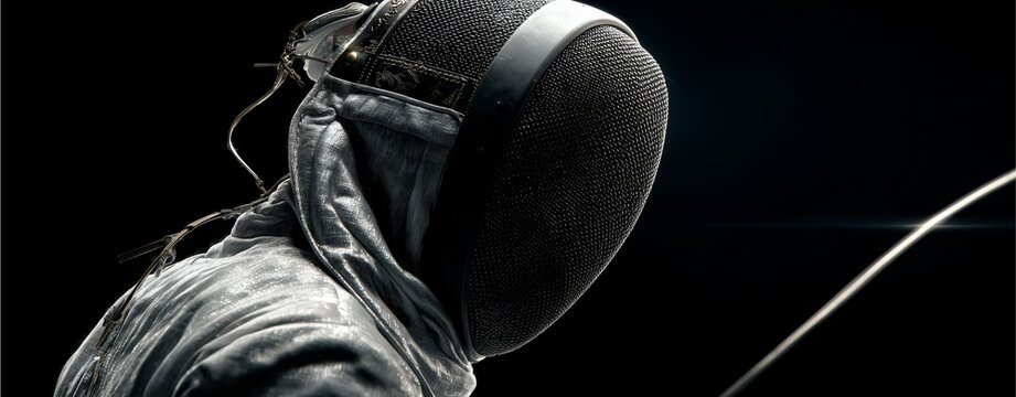 Focused Fencer: A dramatic close-up of a fencer, clad in protective gear, their mask obscuring their face, exudes intensity and focus. The blurred background emphasizes the athlete's concentration.  - Powered by Adobe