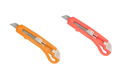 Transparent Background: Two colorful retractable utility knives, one orange and one red, with exposed silver blades, useful for crafts or office tasks.
