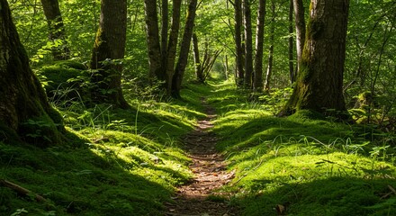 Obraz premium Sunlit Mossy Path in a Lush Green Forest