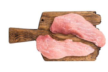 Raw pork fillet steaks,  loin chops on a wooden board isolated on white background. top view