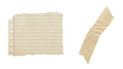 Transparent Background: A vintage lined paper snippet with holes and a torn edge, paired with a crinkled piece of brown adhesive tape.
