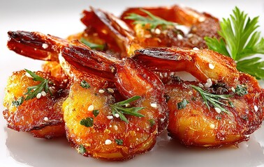 Golden fried prawns with coriander and sea salt on white background, shallow oil cooking style, commercial food visual