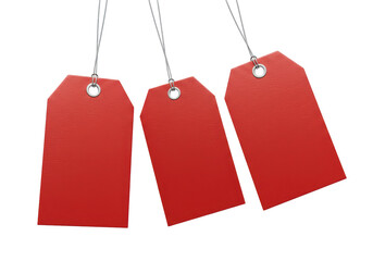 Isolated Three Red Price Tags Hanging on Strings