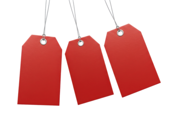 Isolated Three Red Price Tags Hanging on Strings