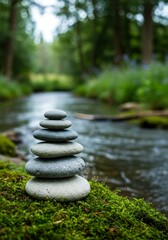 Serene Stacked Stones by a Tranquil Stream